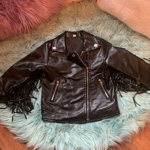 Black faux leather fringe moto jacket
